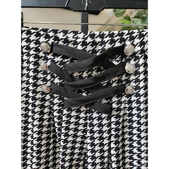 Women's Trouser Pants Small White Black Houndstooth Wide Leg Criss Cross Detail - Picture 5 of 8
